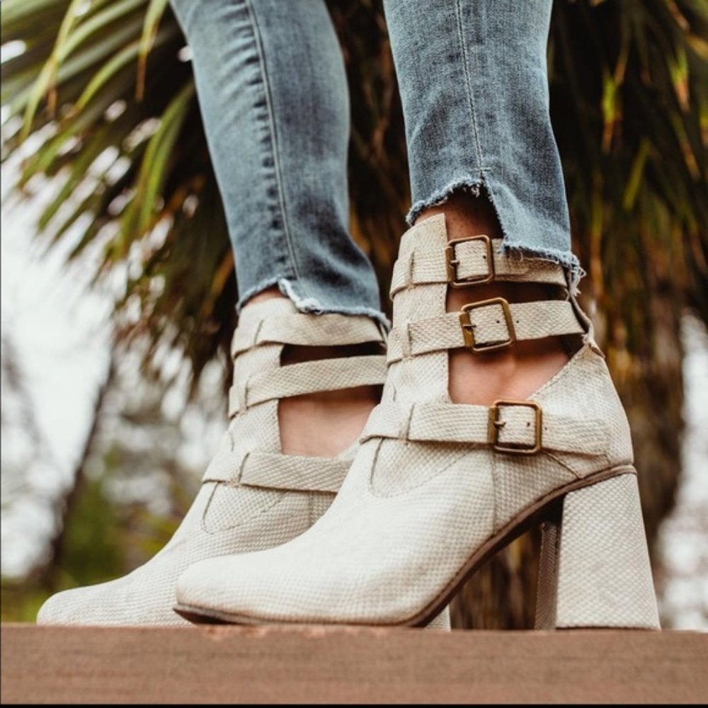 Freebird by Steven Cream Textured Cutout Ankle Boots with Buckles